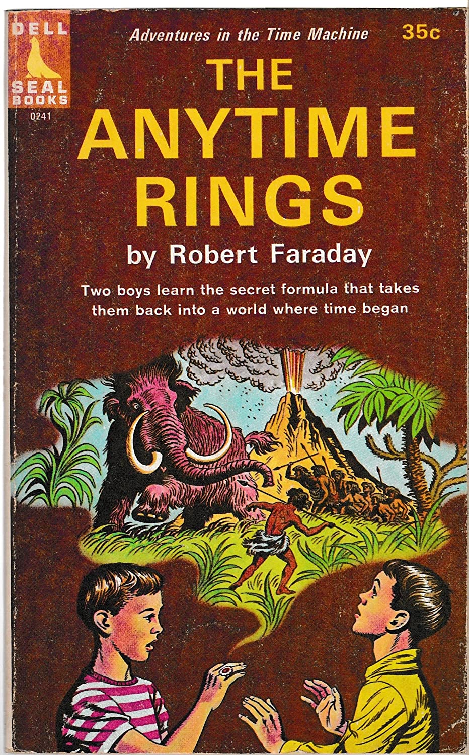 book cover, two boys watch as one's ring unfolds a view of a caveman boy about to spear a mammoth