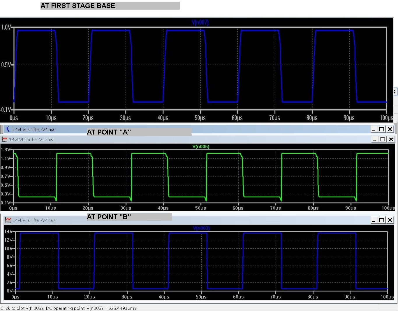 The wave-forms at each stage - no distortion and going low on the LOWS too to about 0.5 volts to satisfy TTL output levels