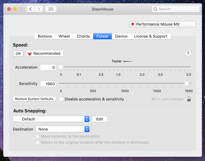 SteerMouse cursor settings