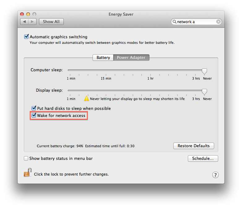 Screenshot of Energy Saver control panel with wake for network access highlighted