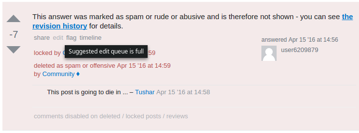 Screenshot of a deleted, locked answer showing a misleading tooltip about the Suggested Edit Review Queue being full