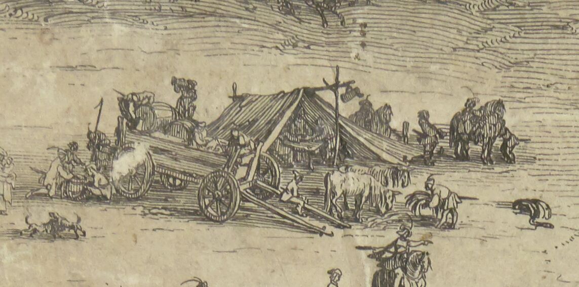 A black and white line drawing of a military camp scene.  Supplies are being unloaded from an open top wagon to a tent made of a canvas draped over a frame of sticks.  Hung from the top pole of the tent is a small sign.