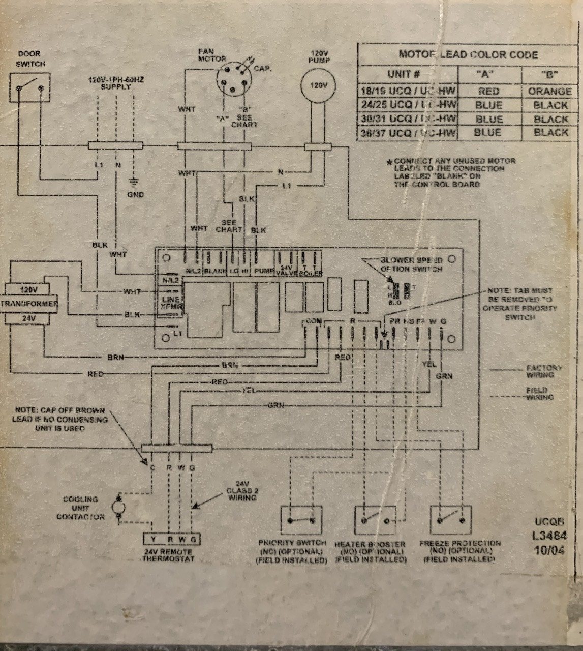 Wiring diagram of HVAC system with thermostat at bottom left