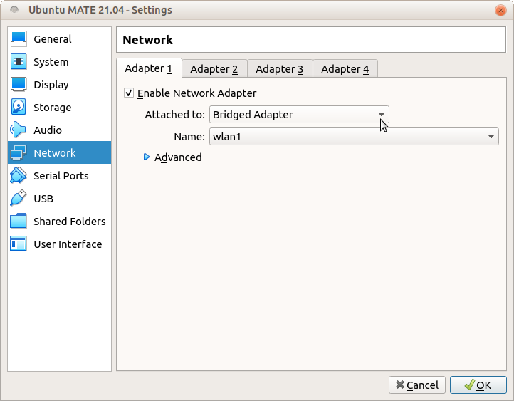 bridged networking in Virtualbox machine settings