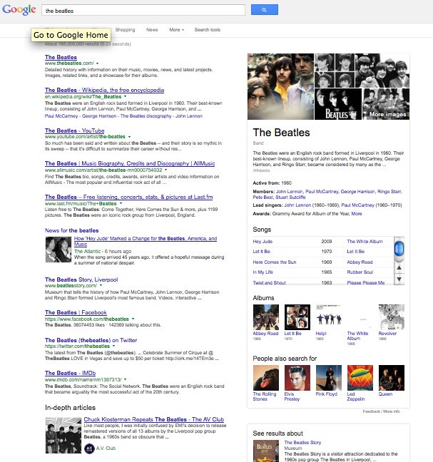 screen capture of google search resulting in a "band" overview box