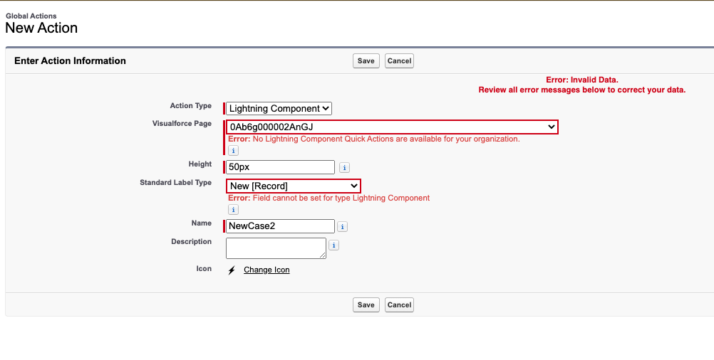 Screenshot of error messages stating "Error: No Lightning Component Quick Actions are available for your organization" and "Error: Field cannot be set for type Lightning Component"