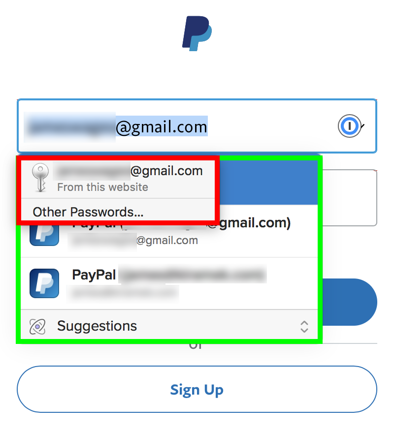 Superposición de contraseñas de Safari y 1password