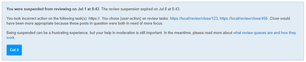 Screenshot of the new review suspension notice, which includes the start and end times of the review suspension, as well as the suspension message