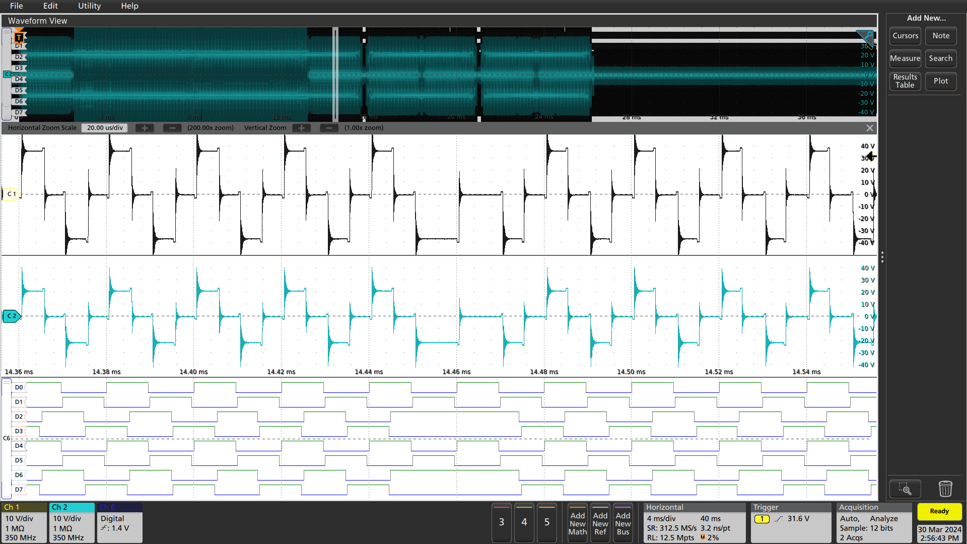 Glitch at ~14.45ms. The missed compare happens for D2 and D6, D3 and D7 are their complementary outputs, respectively. The voltage waveforms from two full-bridges, for which D0 - D7 are the gate signals.