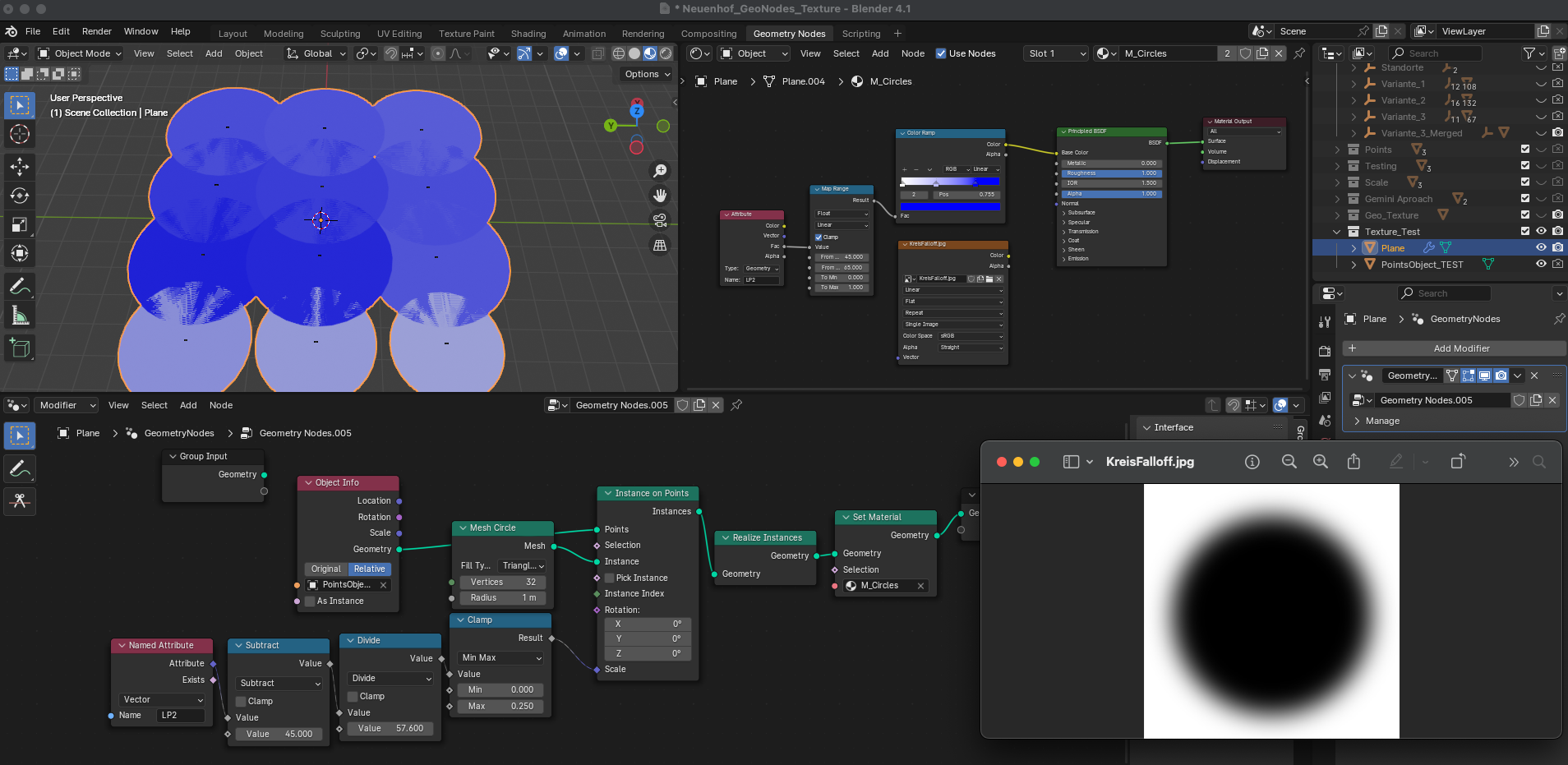 My Node Setup with the texture that should create the fall-off/fade of the color