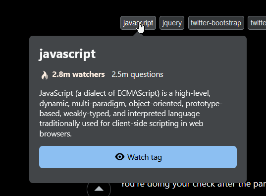 Popup shown on hovering over a tag. Shows the tag name as title, the first sentence of the wiki as description, and a "Watch tag" button which has an eye icon.