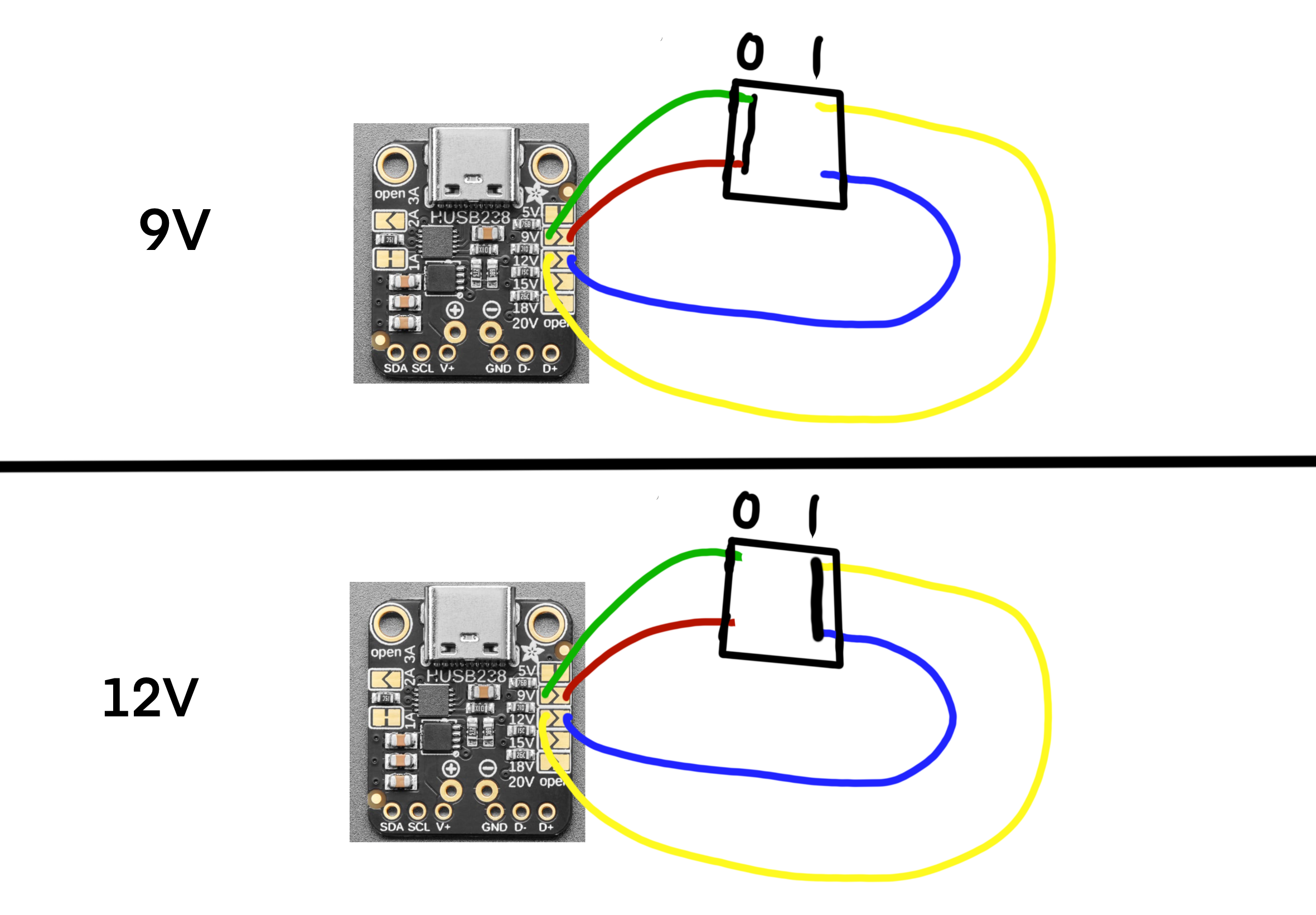 Image of the off and on position of the switch. In the off position, both sides of the 9V selection are connected. In the on position, both sides of the 12V selection are connected.