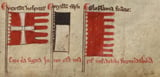 Banners of the Hospitallers and Templars, and the Oriflamme of France from the Chronica Maiora by Matthew Paris