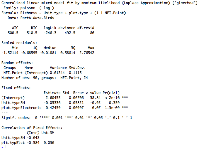 R output for GLMM