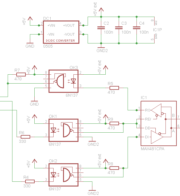 MAX481 with three 6N137 optocouplers and isolated 5V DC