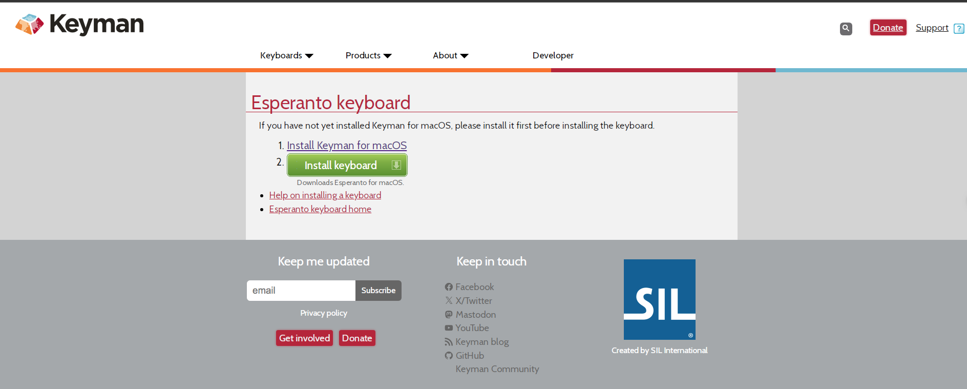 screenshot of the Keyman website, download page for their Esperanto keyboard for macOS