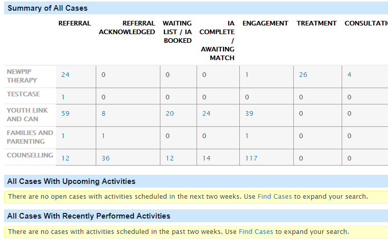 snapshot of case dashboard