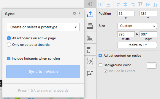 Sketch's InVision Craft toolbar Sync menu 