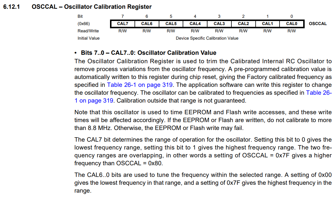 OSCCAL Description states a crictical function of internal RC Oscillator