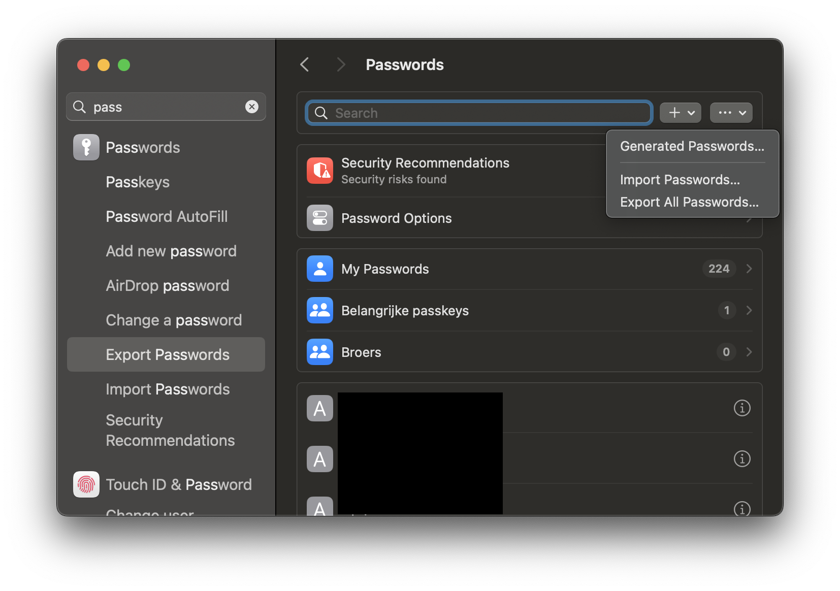 Screenshot of passwords panel in system settings