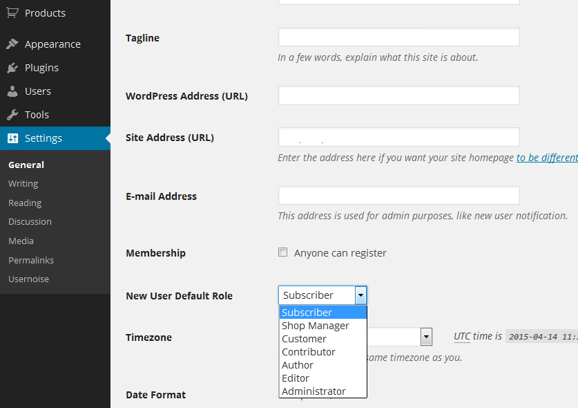 Select standard user role in WordPress