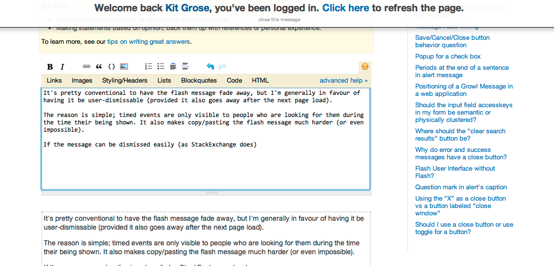 A screenshot of how StackExchange flash messages appear