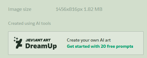 deviantart screenshot: "created using AI tools" barely visible, big "deviantart dreamup" ad