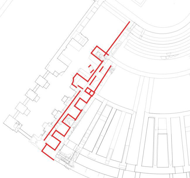 Topview plan of the situation, red lines correspond to real world location of the rasters.