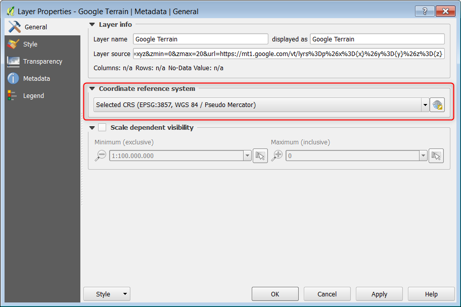 QGIS 2.18.19 Layer Properties tab General