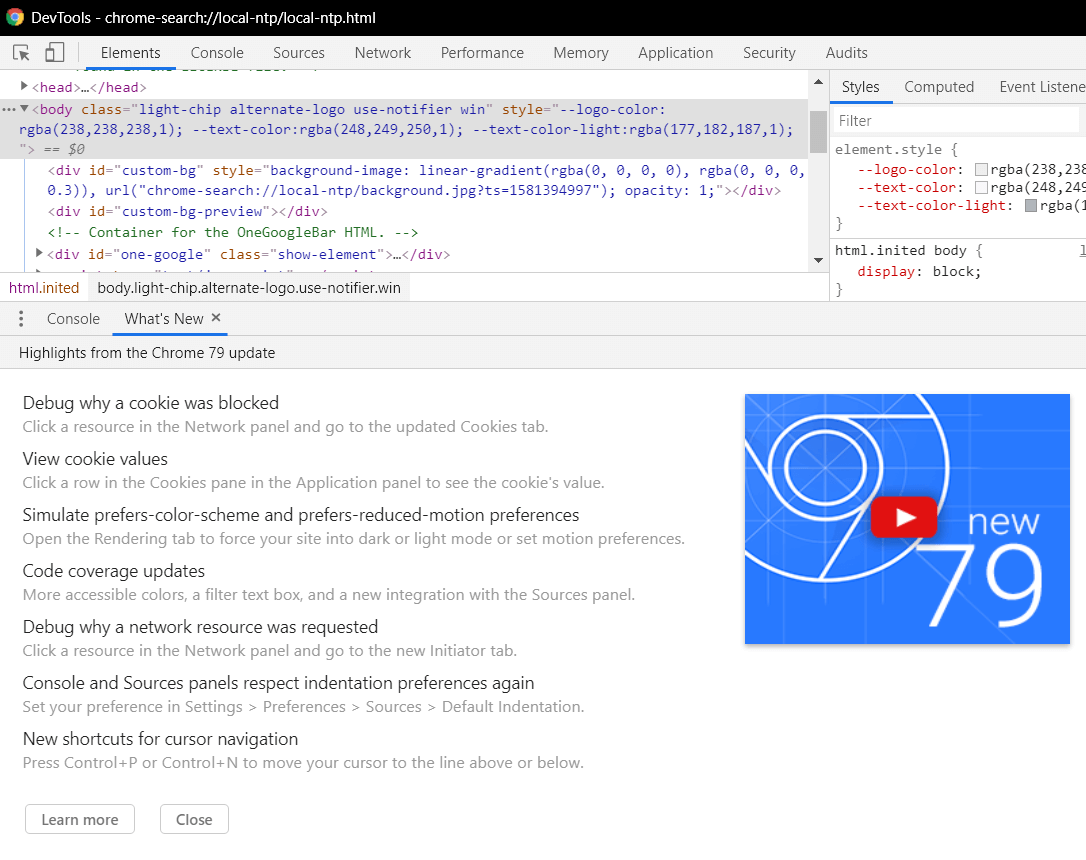 devtools mostrando novidades