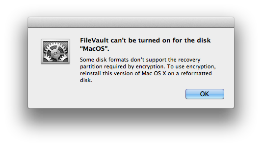 FileVault error alert