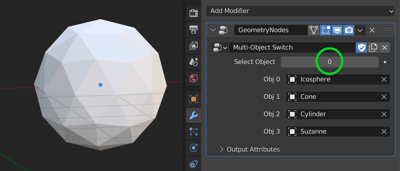 Animated GIF of the Geometry Nodes result - switching mesh by input number