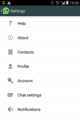 Screenshot of Whatsapp setting menu