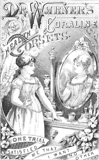 Illustrated illustration for "Dr. Warner's Coraline Health Corsets" showing a corseted woman examining herself in a dressing mirror, with tagline "One trial satisfied me that I want no other".