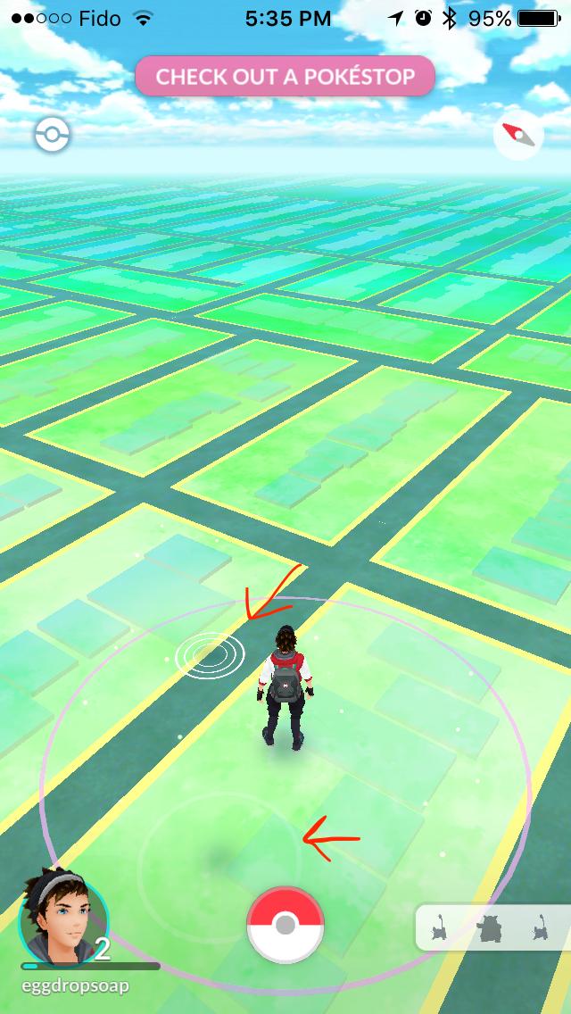 A screenshot of the Pokemon GO map, showing two “white ripple” spots near the player.