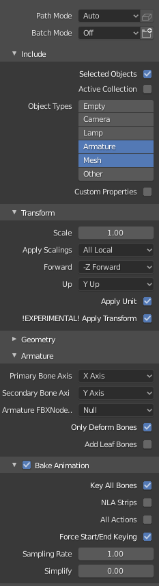 FBX export settings