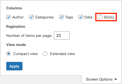 Add a new custom admin column to show the sticky option on the Quick and Bulk edit boxes