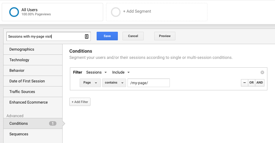 Screenshot of GA segment definition filtering sessions to those including a view of a certain page