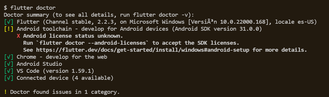 Segunda advertencia en flutter doctor