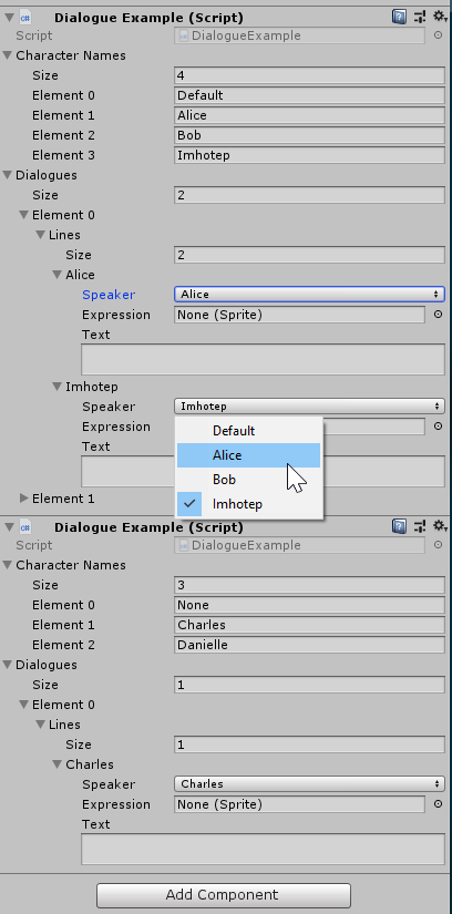 Example inspector showing drop-downs for character names, using unique name sets.