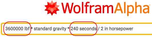 Wolfram Alpha calculator for "rocket horsepower" input