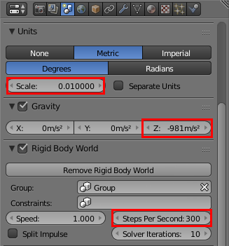 In the Properties area under Scene tab, the Units scale, Gravity and Rigid body world's Steps Per Second are marked.