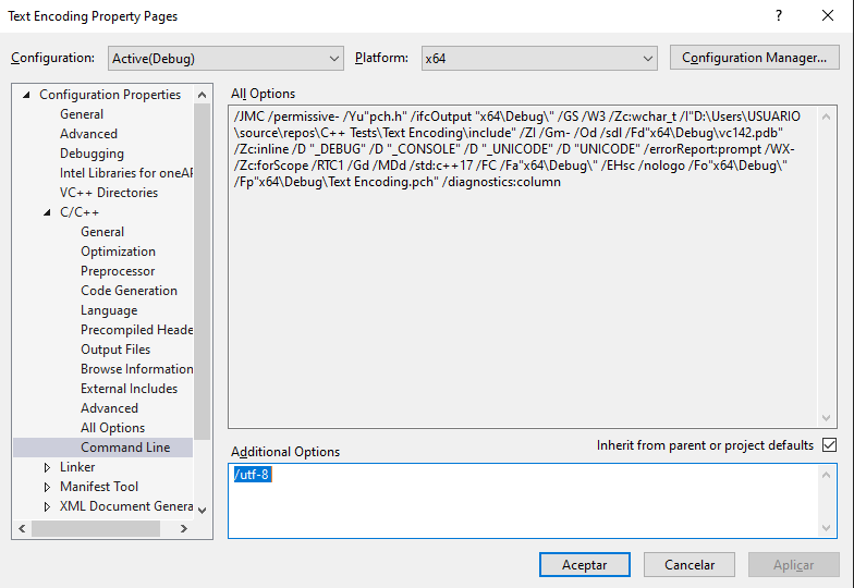 Captura de la configuración del proyecto