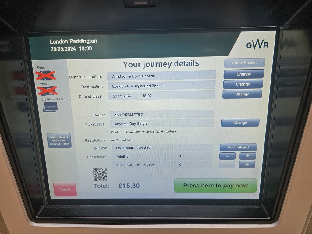 Confirmation screen of GWR TVM