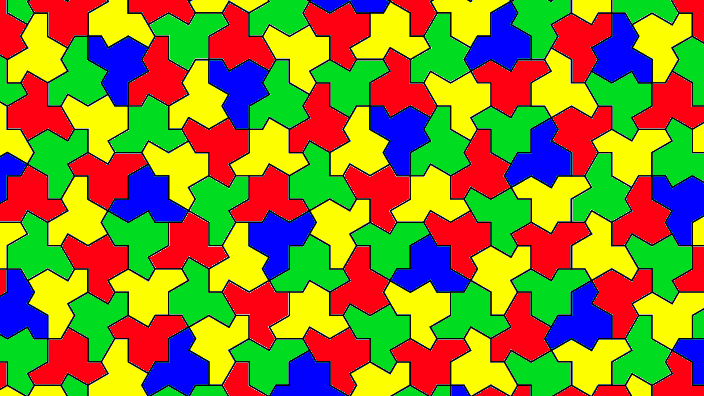 The 'hat' aperiodic monotiling. Each tile is coloured red, yellow, green or blue such that no adjacenta tiles have the same colour. Furthermore, the blue tiles are precisely the 'flipped' ones with the rarer orientation.