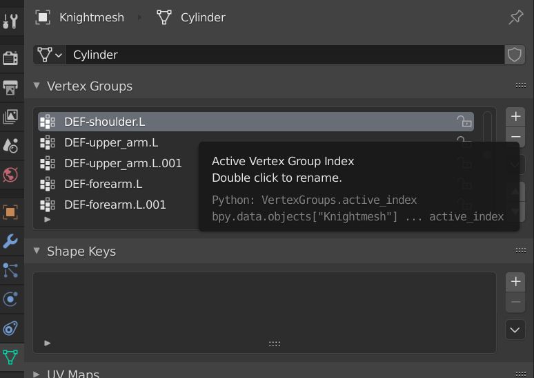 Character properties showing the left shoulder selected