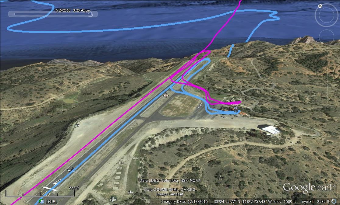 My flight to Catalina last Saturday:Magenta line is my track and blue is its projection on ground 