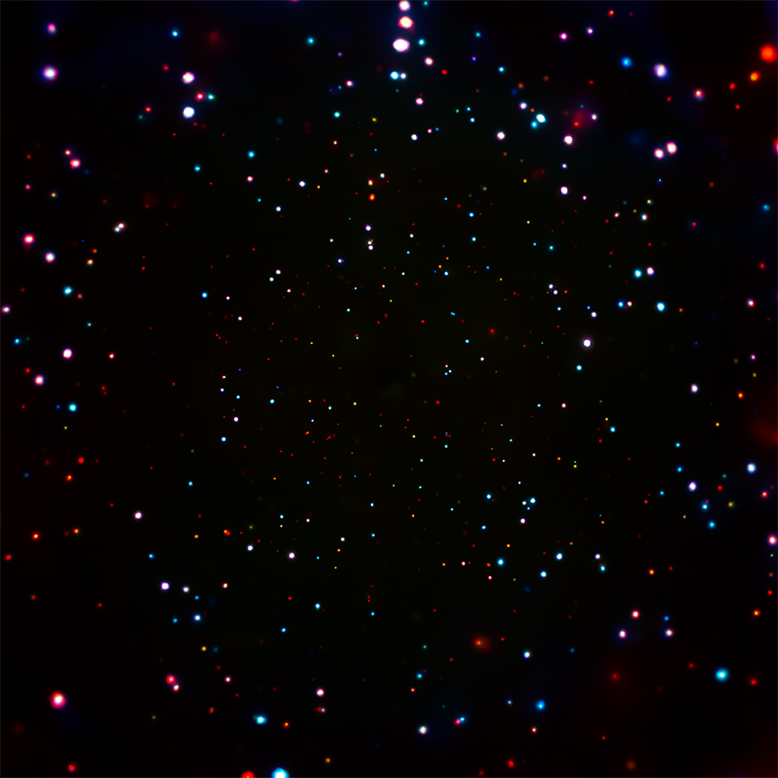 Portion of the Chandra Deep Field-South, with different wavelengths of X-rays colored red, green, and blue