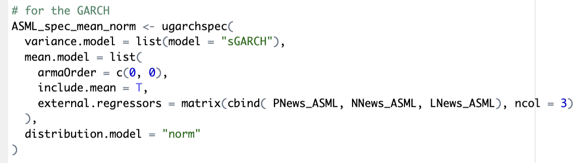 R-Code mean eq. incl. exogenous variables