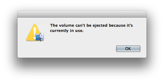 The volume can't be ejected because it's currently in use.